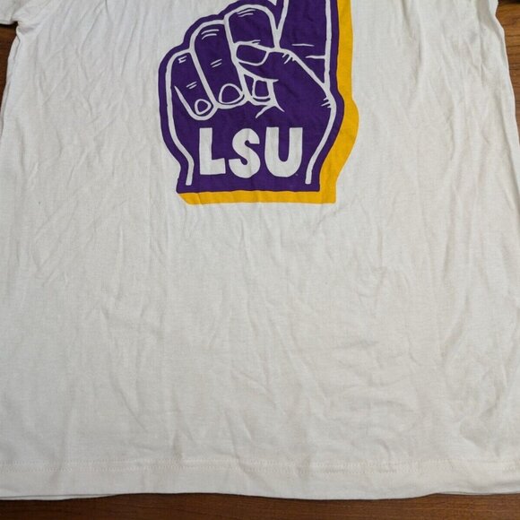 LSU TIGERS We're #1 Shirt Mens Medium White Purple Ringer Finger Retro Style - Picture 4 of 16